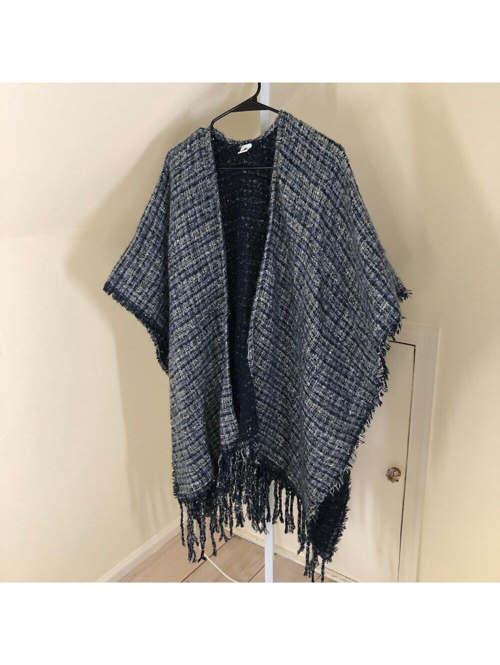 Jessica McClintock EUC Women's Blue Plaid Metallic Boucle Cape Poncho One Size